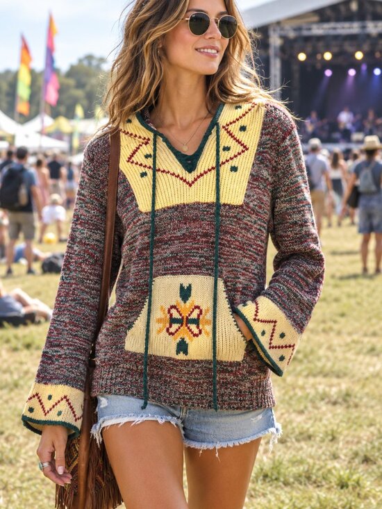 Vintage Sweaters - VINTAGE KMART 70’s Knit Boho Hoodie Bell Sleeve Variegated Sweater